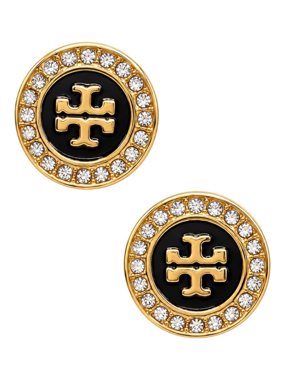 Tory Burch black enameled logo stud earrings in gold.